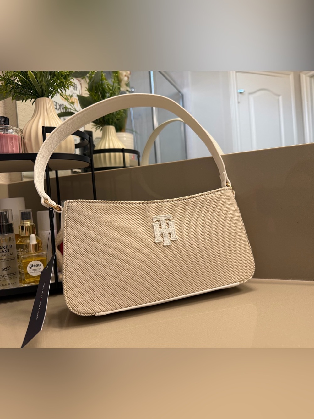 Tommy Hilfiger Cream Canvas Shoulder Bag with Embroidered TH